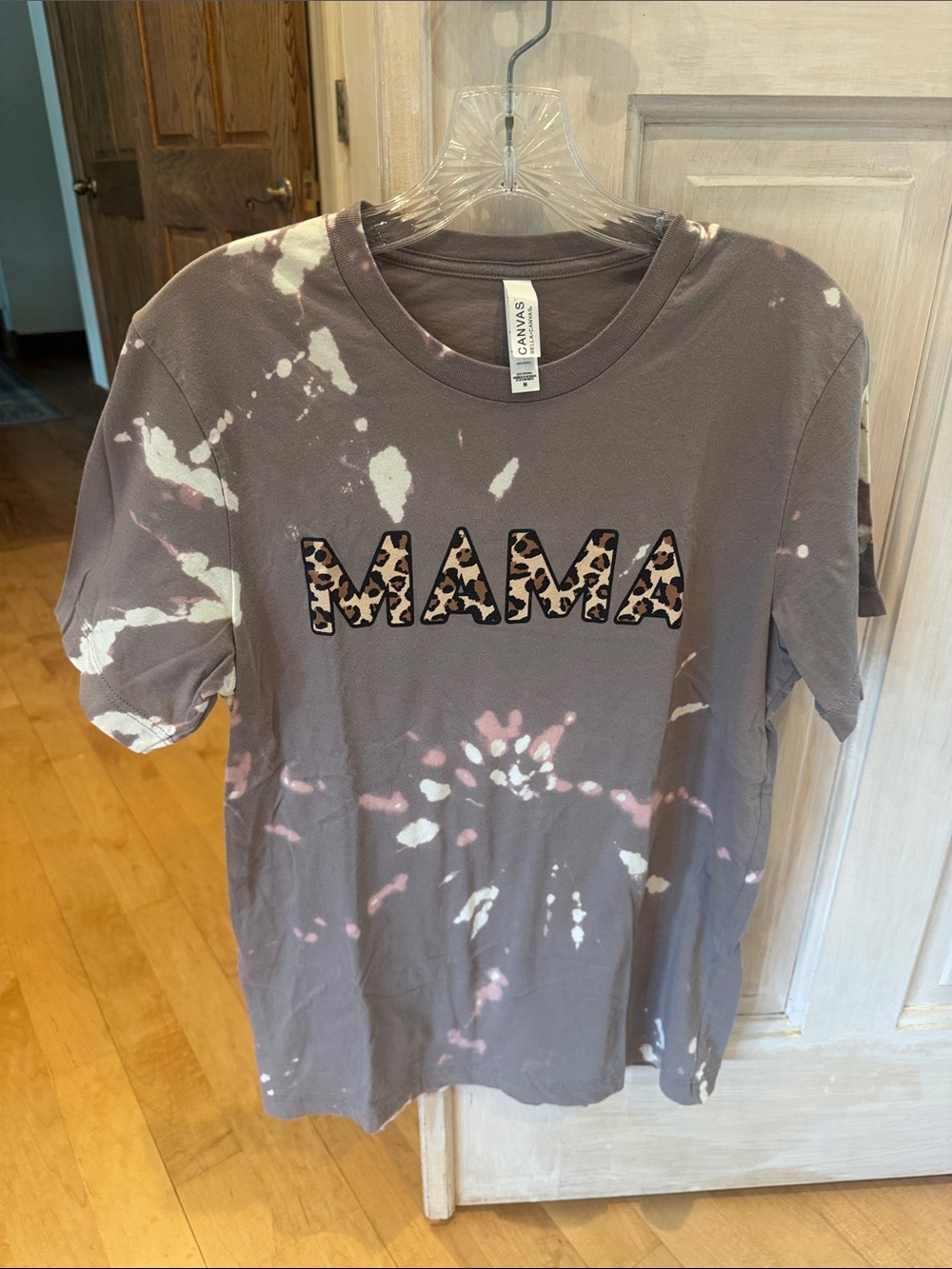 Bella Canvas MAMA Leopard Applique Tie-Dye Tee in Gray and White